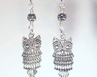 Pewter Owls and Antique Silver Floral Earrings