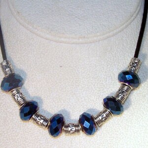 Silver and Crystal Necklace - Large Blue Rondelles with Silver Tubes on Satin Cord Necklace