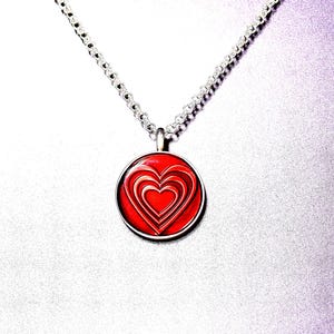 Pewter and Epoxy Pendant on Silver Double Link Rolo Necklace - Red - Heart Design