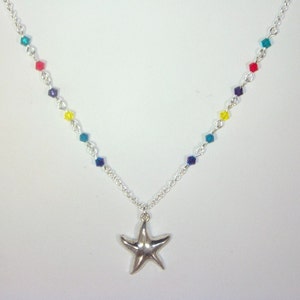 Swarovski Crystal Charm Necklace - Swarovski Candy Color Combo -  Anitque Silver Starfish Charm