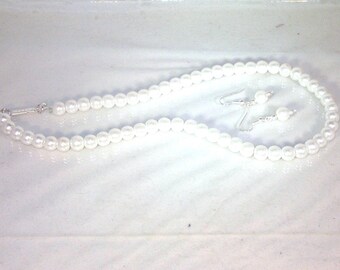 Pearls Set  - Necklace & Earrings - Glass Pearls -  White - Made to Order - Any Color - Bridesmaids, Jr Bridesmaids