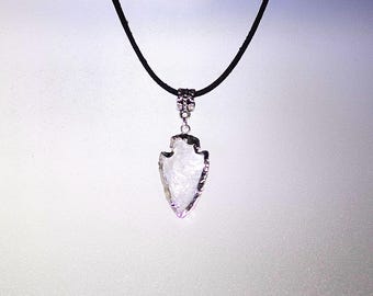 Gemstone Jewelry - 36mm Crystal Quartz Arrowhead on a Suede Necklace - UNISEX - 16" plus 2" Extension - Black or Brown Necklace