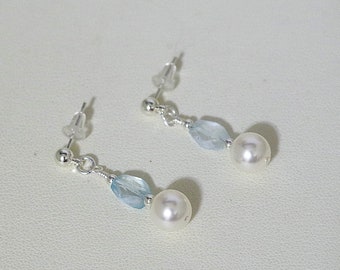 Aquamarine and Pearls - Earrings - Genuine Faceted Aquamarine - Swarovski Pearls