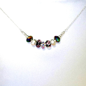 Swarovski Crystal Grommets & Lampwork Glass Necklace - Shades of Black, Rose and Blue with Silver