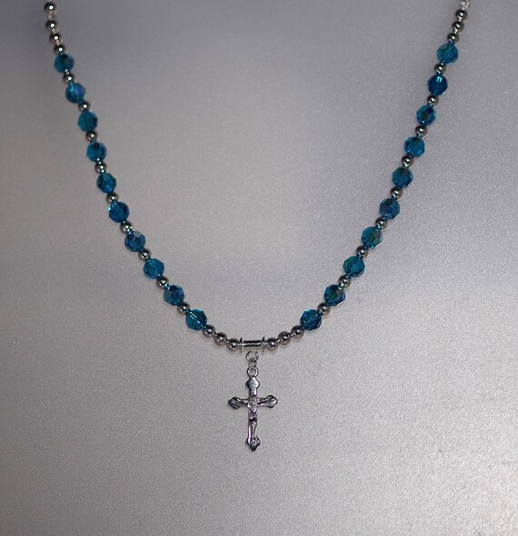 Sterling Silver Swarovski Crystal Rosary Necklace Custom Made Anglican or Catholic Any Color Birthstone Shown in Blue Zircon AB