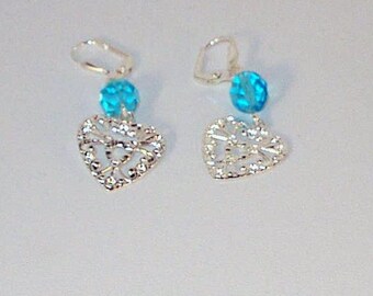 Silver Filigree Hearts and Crystal Earrings - Any Color