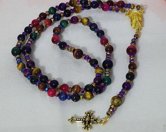 Gemstone Rosary - Rainbow Tiger Eye - TierraCast Gold Fleur Cross - Gold Plated Madonna Connector - Catholic or Anglican