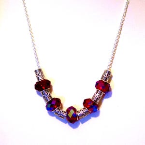 Silver and Crystal Necklace - Large Ruby AB Rondelles with Silver Tubes on Silver Filled Necklace