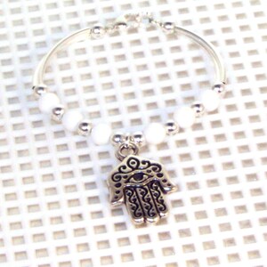Newborn Bracelet - Silver or Gold , White Mountain Jade, Hamsa, Evil Eye, Baby Bracelet, Keepsake