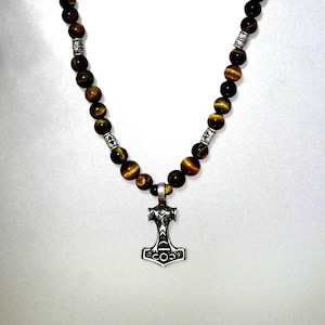 Gemstone and Pewter Thor&#39;s Hammer Necklace - UNISEX -  Tigereye