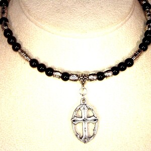 Gemstone and Silver Necklace - Black Onyx - Brushed Pewter Cross