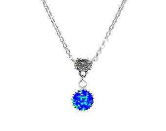 Gemstone & Sterling Silver Necklace - Blue Opal Cabochon - 10mm stone - 17" Chain - Silver Bezel