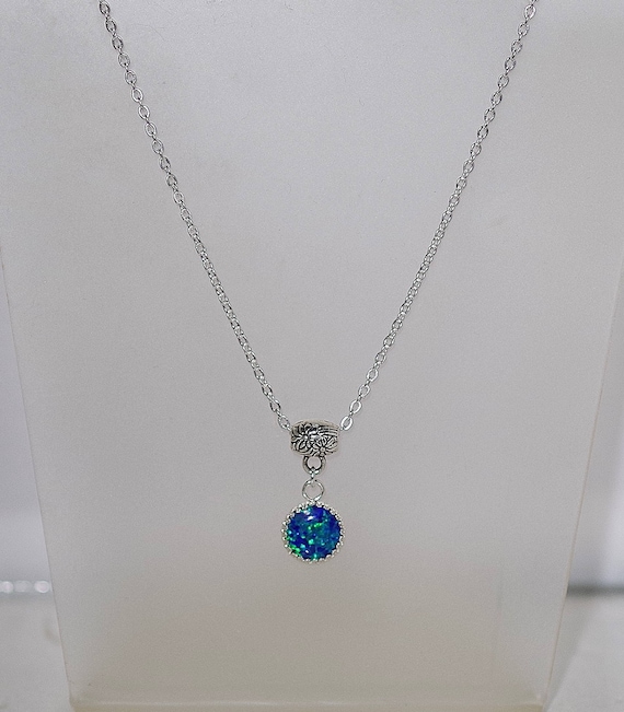 Gemstone Sterling Silver Necklace Blue Opal Cabochon 10mm stone 17
