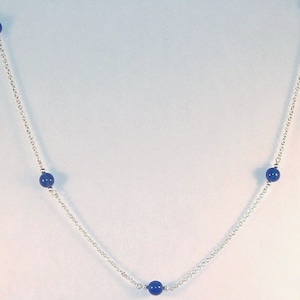 Gemstone Jewelry - Dark Blue Agate Necklace - Silver Filled Chain - Station - 32" Length