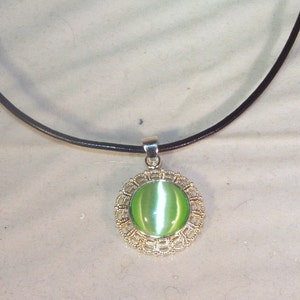 Light Green Cats Eye Cabochon -  Leather Cord Necklace