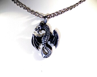 Pewter Dragon Pendant on Stainless Steel Necklace - UNISEX - 3 lengths