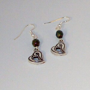 Silver Hearts and Garnet Crystal Earrings - Available in all Crystal Colors
