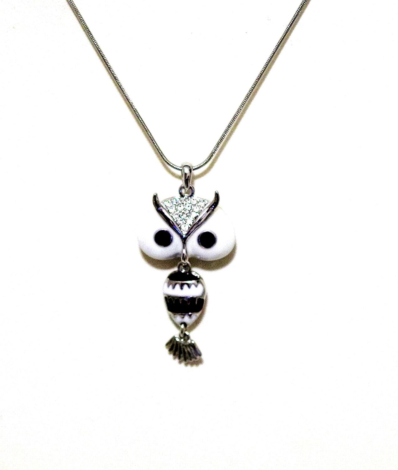 Silver and Enamel Owl - White & Black - Pendant Necklace