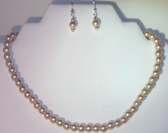 Pearls Set  - Necklace & Earrings - Glass Pearls -  Beige/Champagne - Made to Order - Any Color - Bridesmaids, Jr Bridesmaids