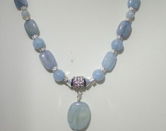 Gemstone & Swarovski Crystal Jewelry - Genuine Aquamarine Necklace - 18" - Silver Filled Chain - March Birthstone
