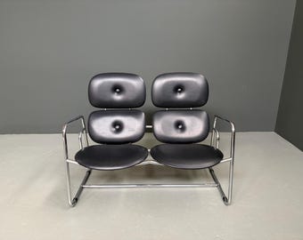 2-Seat Italian Sofa, typical in the style of Gae Aulenti's and Poltronova loveseat vintage couch two seater MCM design retro chrome frame
