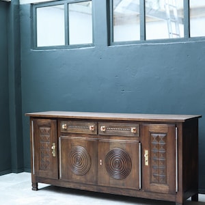 Charles Dudouyt Oak Credenza 1950s French Mid-Century Modern Sideboard Vintage Solid Oak Buffet Geometric Carved Furniture Authentic Design