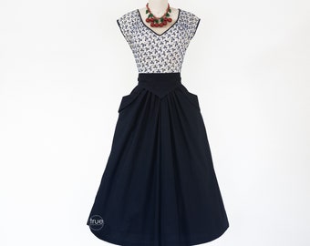 vestido vintage de 1940 ... falda azul marino y ojal azul VARSITY vestido w / BOLSILLOS!