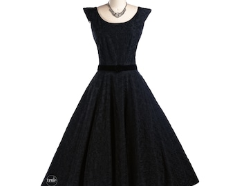 vintage 1950's dress ...pretty black embroidered dress w/ velvet trim
