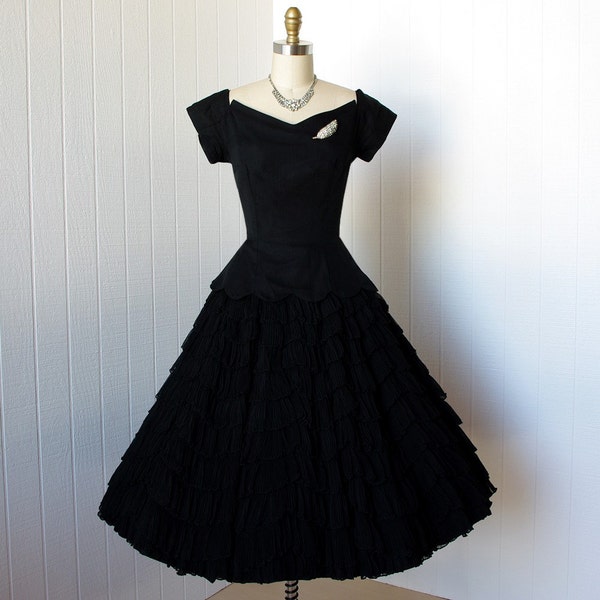 vintage 1950's dress  ...gorgeous black chiffon circle skirt cocktail party prom dress sculptural bodice scalloped rows  -featured item-