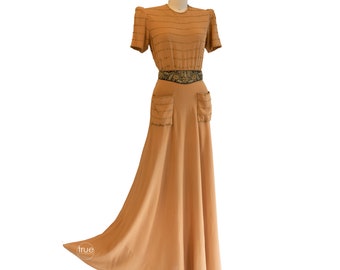 vintage 1930's dress ...golden crepe brass studded dress w/ POCKETS!