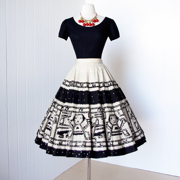 vintage 1950's dress ...fabulous MEXICAN CIRCLE skirt & top cotton handscreened mayan design with sequins 2pc pin-up dress