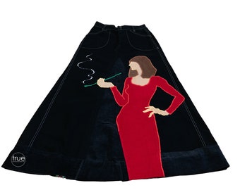 vintage 1970's skirt ...rare black denim LANDLUBBER smoking lady appliqué patchwork maxi skirt