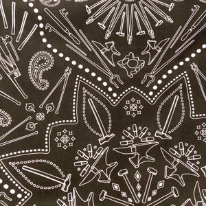 Puede incluir: Ilustraci&oacute;n en blanco y negro de herramientas y equipos de herrero, incluyendo un martillo, un yunque, tenazas y un patr&oacute;n paisley.
