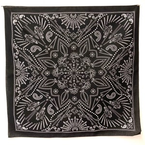 May include: Black bandana with a white design of various tools and a paisley pattern. The design is centered and symmetrical.