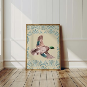 Flying Duck Watercolor - Digital Duck Print - Vintage Mallard Print