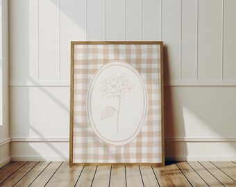 Neutral Hydrangea and Gingham Print - Digital Print - Hydrangea Wall Art - Nursery Wall Art - Floral Print