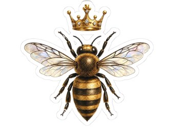 May include: A sticker featuring a detailed illustration of a honeybee with fuzzy brown and yellow striped body segments, translucent iridescent wings, and six black legs, positioned directly beneath a golden crown adorned with small white gems.