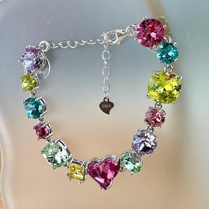 Rainbow Candy Color Sterling Silver 925 Swarovski Bracelet, Swarovski Crystal Chain Bracelet, Birthday Gift for Her