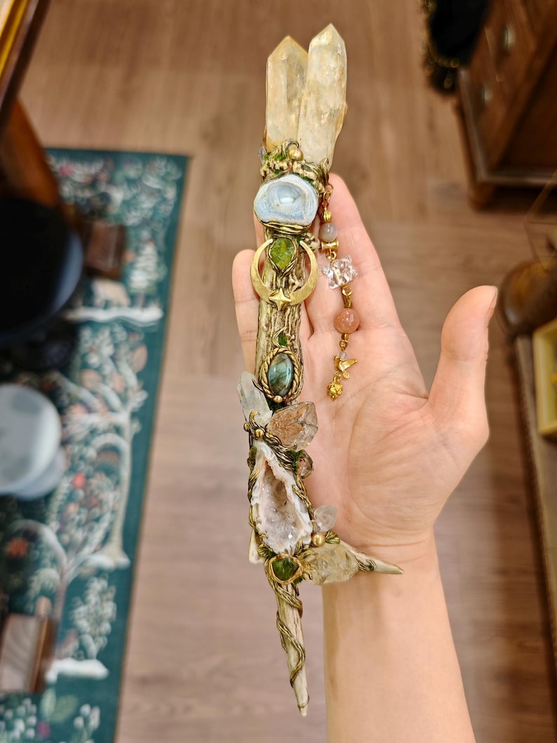 Crystal Antler Wand, One of a Kind,  Energy Work, Rituals, and Decor, Golden Himalayan Quartz Crystal Wand, Spelling Wand, Large Magic Wand Natural Crystal Healing Wand, Spelling Wand Witch Tool. crystal wand antler wand shamanic wand witchcraft tools amethyst labradorite wand botanical wand handmade ritual wand nature inspired wand
moon charm wand energy healing tools,  Thanksgiving Gift