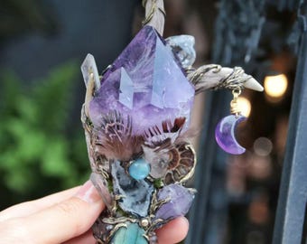 SOLD!Amethyst Crystal Antler Wand One of a Kind For Energy Work, Rituals, and Decor, Crystal Healing Wand, Spelling Wand Witch Tool
