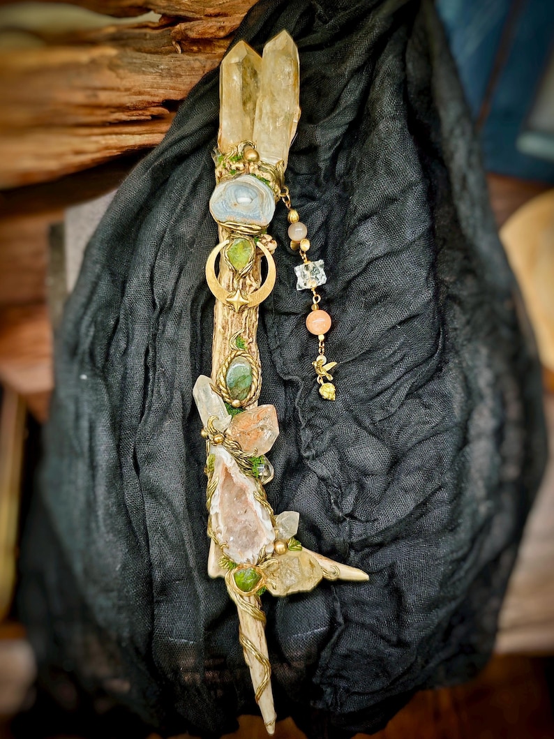 Crystal Antler Wand, One of a Kind,  Energy Work, Rituals, and Decor, Golden Himalayan Quartz Crystal Wand, Spelling Wand, Large Magic Wand Natural Crystal Healing Wand, Spelling Wand Witch Tool. crystal wand antler wand shamanic wand witchcraft tools amethyst labradorite wand botanical wand handmade ritual wand nature inspired wand
moon charm wand energy healing tools,  Thanksgiving Gift FOR WITCH