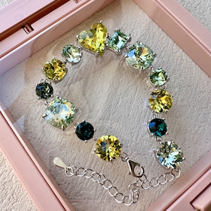 Swarovski Bracelet with Green Crystals Sterling Silver 925 , Green Tone Swarovski Crystal Chain Bracelet, Gift for Bridesmaid, Gift for Her