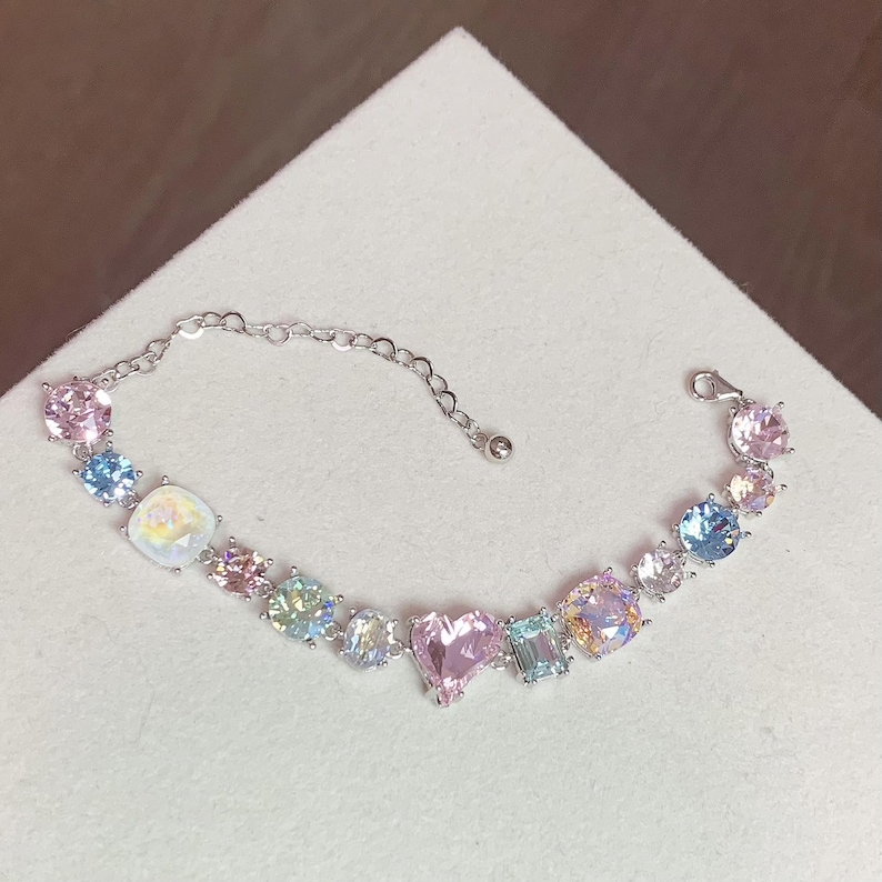 macaron colored gemstone bracelet, Sterling Silver 925 Swarovski Bracelet with purple Pink Crystals,  Pink Tone Swarovski Crystal Chain Bracelet, Gift for Bridesmaid, Gift for Her, macaron colored bracelet
