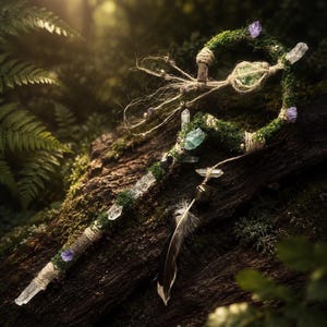May include: A handcrafted wooden staff adorned with clear quartz crystals, amethyst, and green stones, wrapped with twine and moss. A small bell and a feather are attached. The staff is set against a natural, mossy background.
