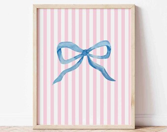 Arte de parede com laço azul, estampa de coquete da moda, arte de parede feminina, pôster listrado elegante, arte de parede com laço rosa, download de impressão digital feminina elegante