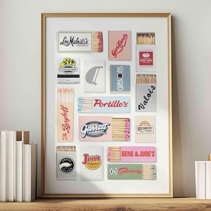 Iconic Chicago Restaurants Matchbook Art, Chicago Digital Art, Match Box Wall Art, Dopamine Decor, Chicago Aesthetic Print PNG