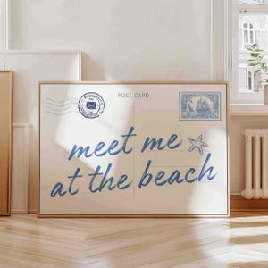 Carte postale artistique Meet Me at The Beach, art mural beachy, impression de cow-girl côtière de la côte est, décoration de chambre Beachy art mural bleu clair téléchargement numérique