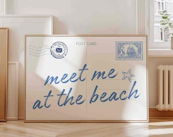 Arte de postal Meet Me At The Beach, arte de pared playero, impresión de vaquera costera de la costa este, decoración de habitación playera, arte de pared azul claro, descarga digital