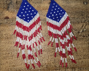 Hand beaded American flag chandelier earrings