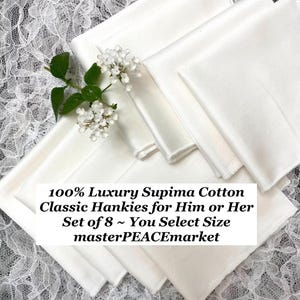 Luxury Cotton Handkerchiefs, Premium Cotton Handkerchiefs, Women&#39;s Handkerchiefs, Men&#39;s Handkerchiefs, Set of 8 Super Soft White Hankies